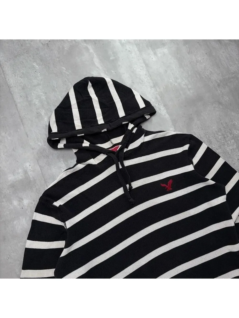 Y2K American Eagle Grunge Striped Distressed Thermal Hoodie